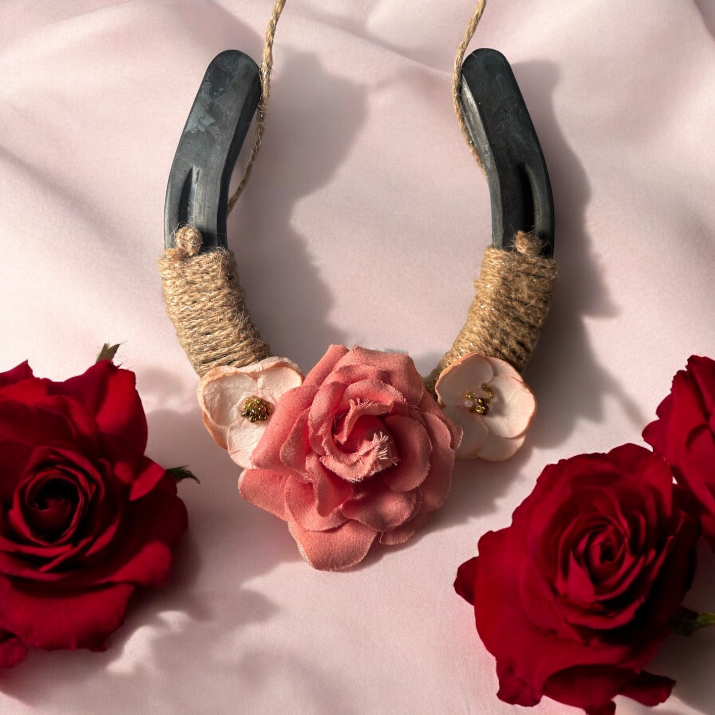Three Pink Flower and Twine Valentine's Decorated Horseshoe